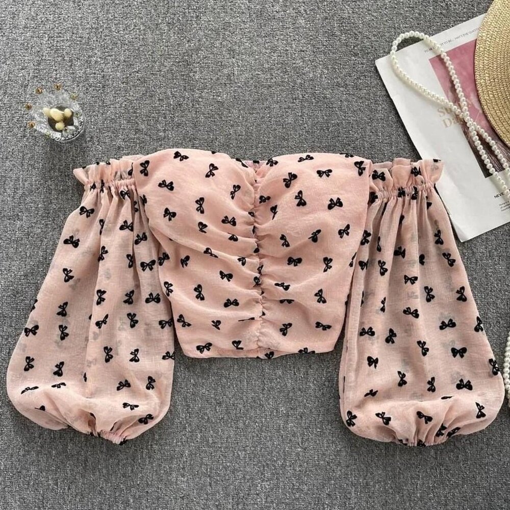Whimsical Pink Puffy Sleeves Crop Top